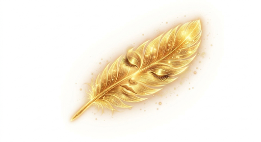穏やかな表情が描かれた黄金に輝く羽根