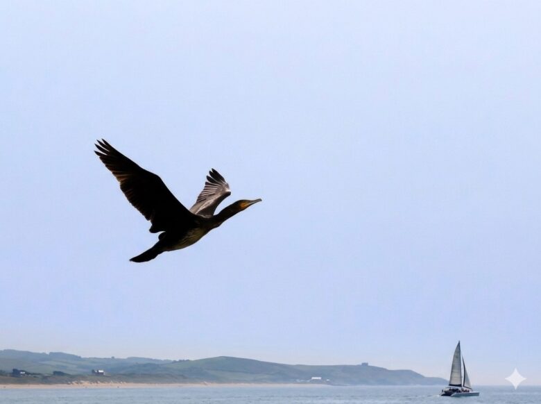 更年期を光年期と捉える「アセンション」の飛翔。広く明るい空へ羽ばたくカワウと、風を受けるヨット。