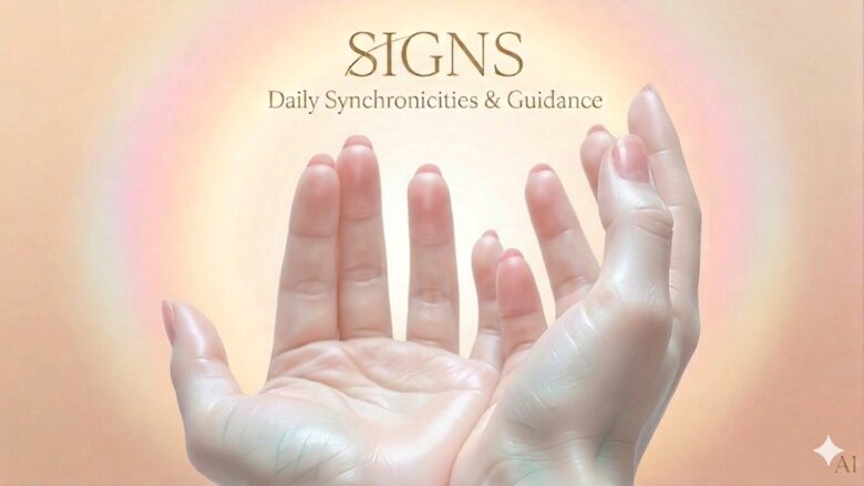 「光年期」ガイド・叶（かなえ）のアイコンと統一された、透明感のある柔らかな色白肌の女性の両手が、空から降ってくる目に見えないエネルギーを受け取るように優しく開かれている。背景には柔らかなパステルカラーの光の輪が描かれ、上部には「SIGNS」「Daily Synchronicities & Guidance（日々のシンクロニシティと導き）」と記されている。宇宙からのサインを受け取る清らかな心と希望を表現した画像。