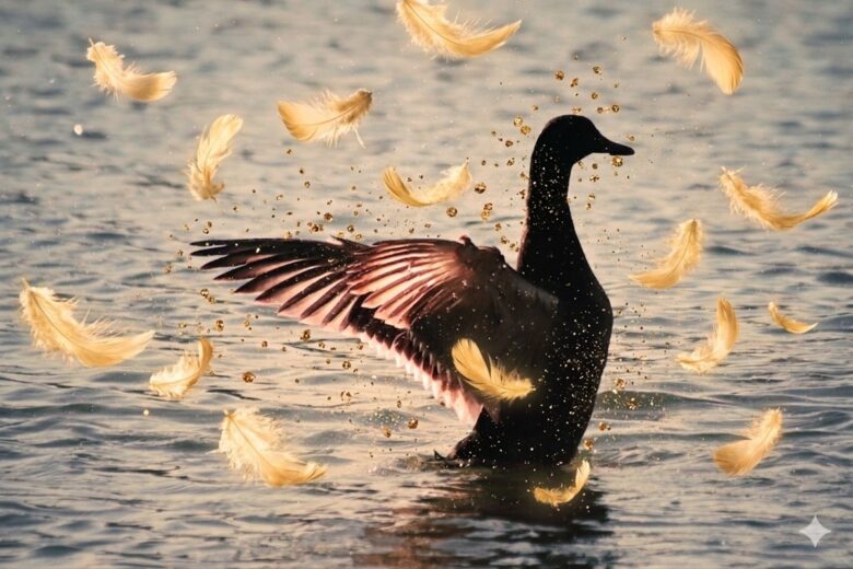スピリチュアルブログ「【体験談】家電が次々に壊れる。強制終了は「羽ばたき」のサイン」のアイキャッチ画像。黄金の羽と水しぶきの中で羽ばたくアヒルのシルエット。