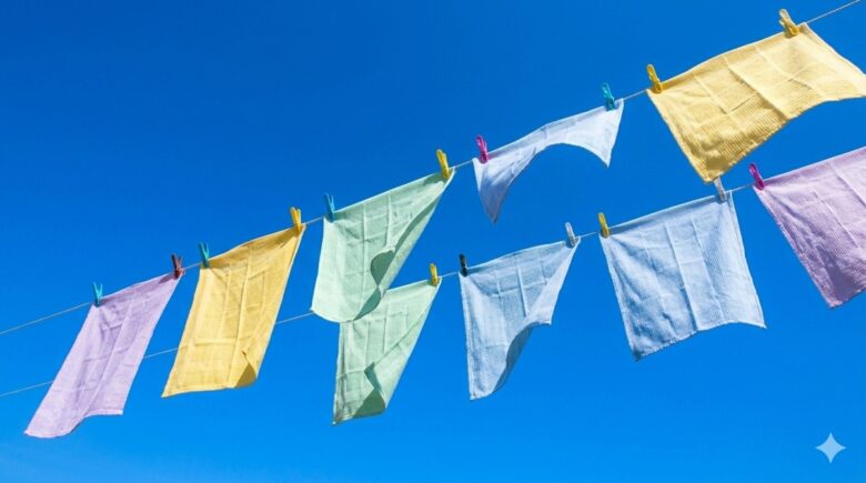 スピリチュアルブログ「【体験談】家電が次々に壊れる。強制終了は『アップデート』のサイン」の第3章画像。青空の下、太陽の光を浴びて心地よい風に揺れるカラフルな洗濯物。新しいエネルギーを呼び込む「暮らしの余白」を象徴する風景。