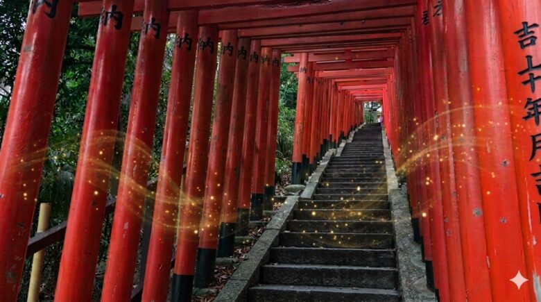 赤坂・日枝神社の山王稲荷参道に連なる朱色の千本鳥居。静寂な空気の中に黄金の光の粒子が幻想的に漂う風景。