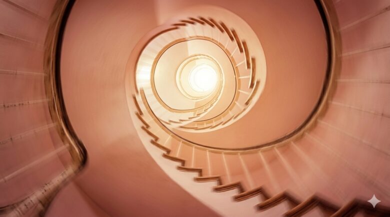 スピリチュアルブログ「【体験談】家電が次々に壊れる。強制終了は『アップデート』のサイン」の第1章画像。光に向かって上昇していく洗練された螺旋階段。