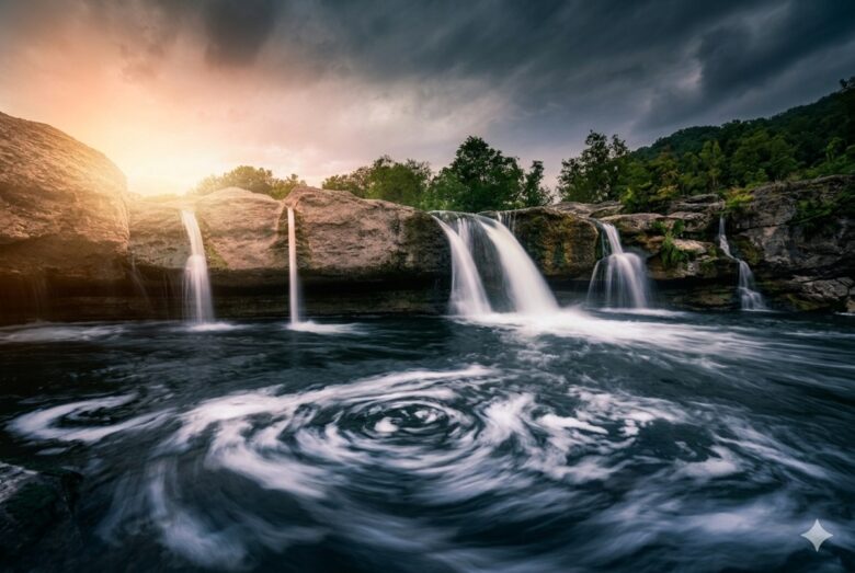 スピリチュアルブログ「【体験談】家電が次々に壊れる。強制終了は『アップデート』のサイン」の第2章画像。剧的な岩の棚から落ちる複数の滝。前景の渦巻く水流が、不要な情報をクリーニングしていく様子を象徴。左上の夕日が、情報の洪水から解放された後の新しい光を指し示す。