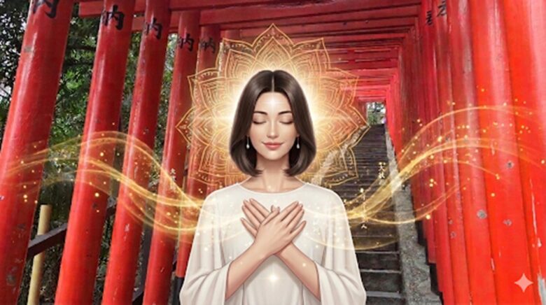 日枝神社の鳥居で脳内祝詞を体験し、黄金の光に包まれて岩戸開きを直感する叶（かなえ）。